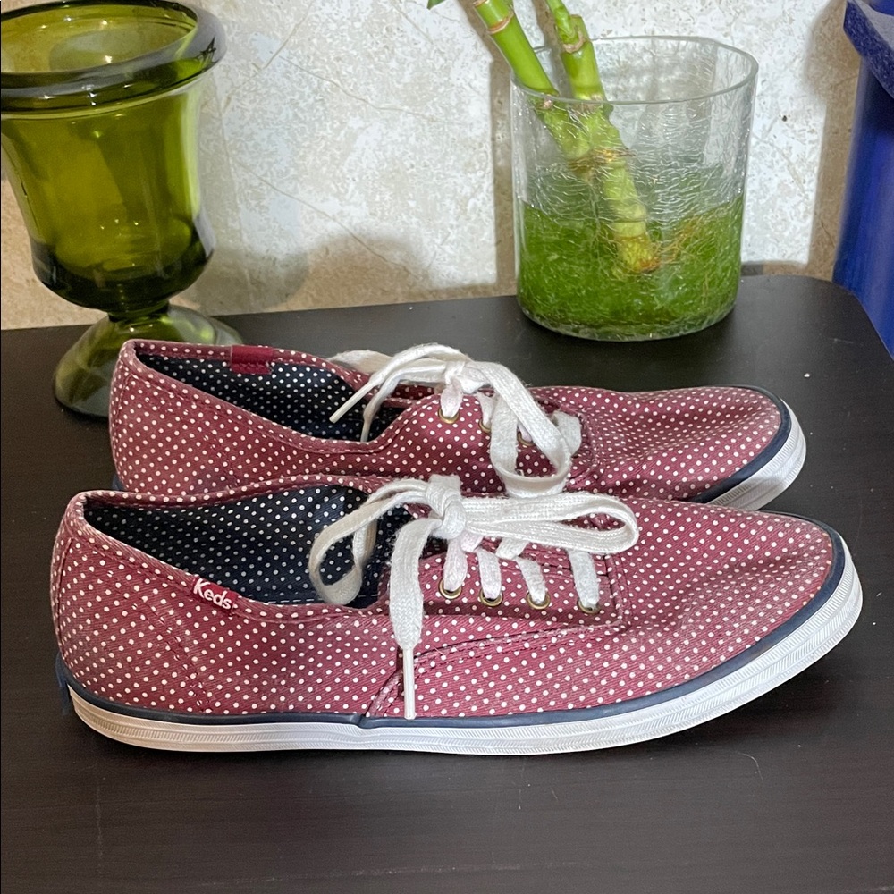 Keds Burgundy and White Polka Dot Laced Up Sneakers size 7.5